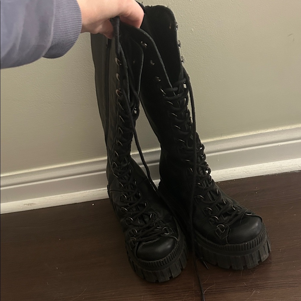 Black Lace-Up Platform Combat Boots - Women